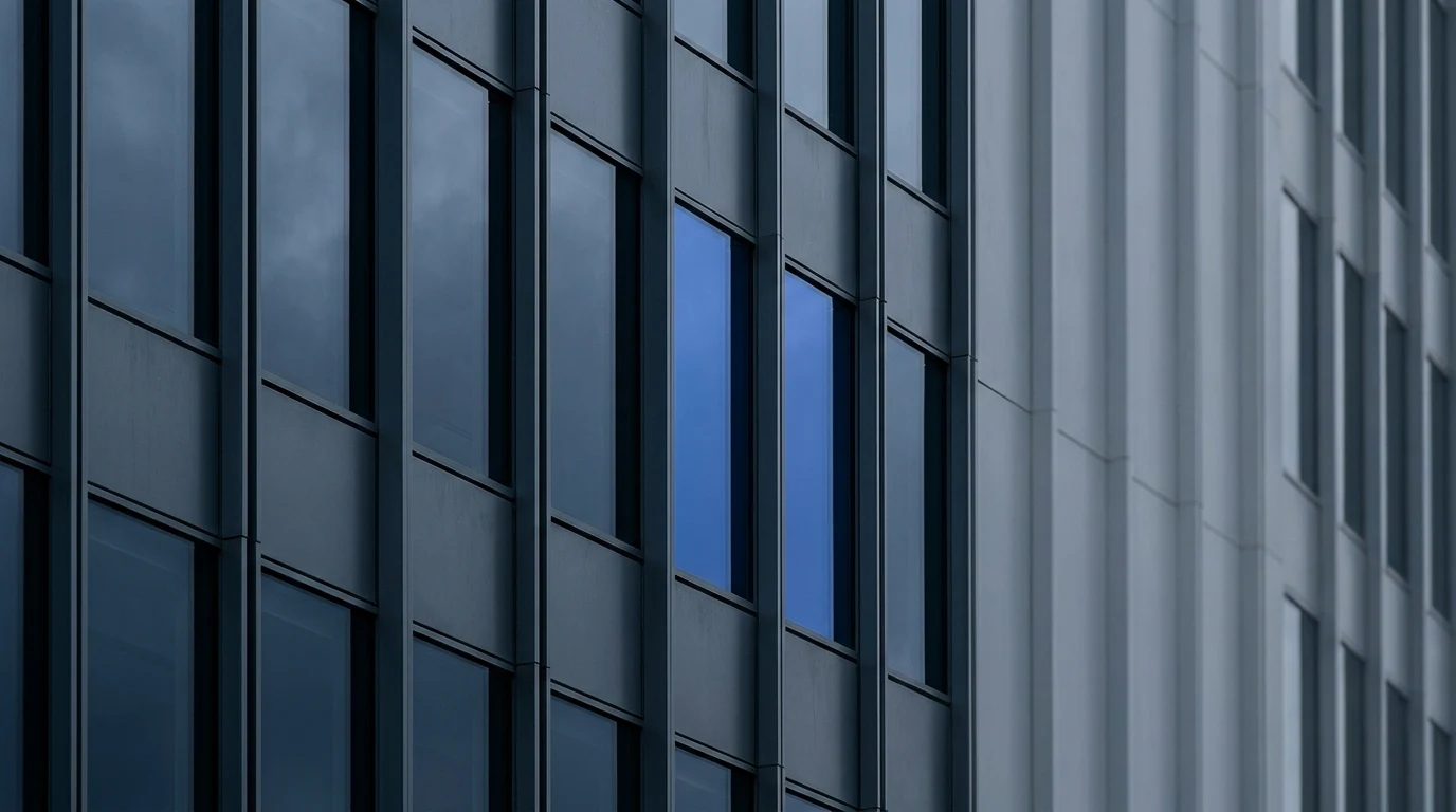 Dark slate office facade with precise vertical lines and a cobalt reflection