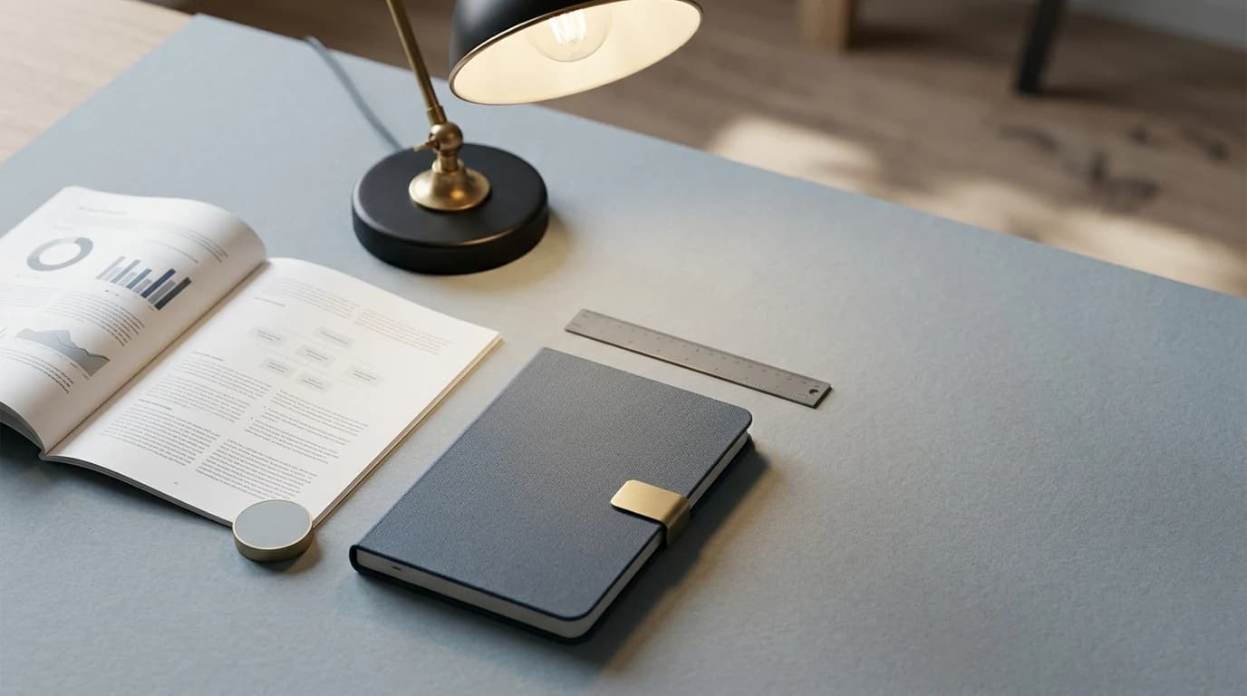 Printed audit report, notebook, ruler, and desk lamp arranged on slate paper